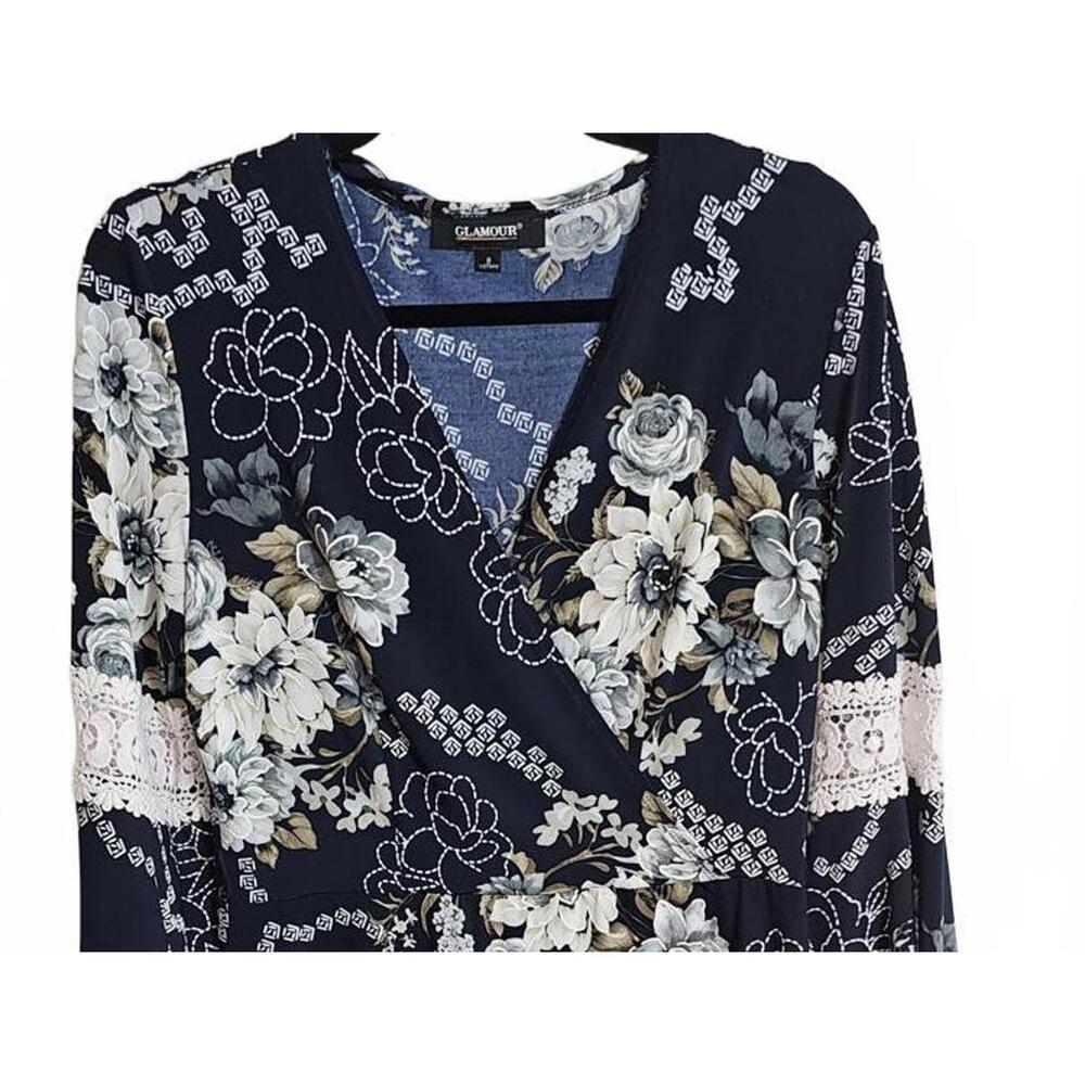 Glamour Size 8 Bohemian Floral Print Long Sleeve Dress with Lace Detail